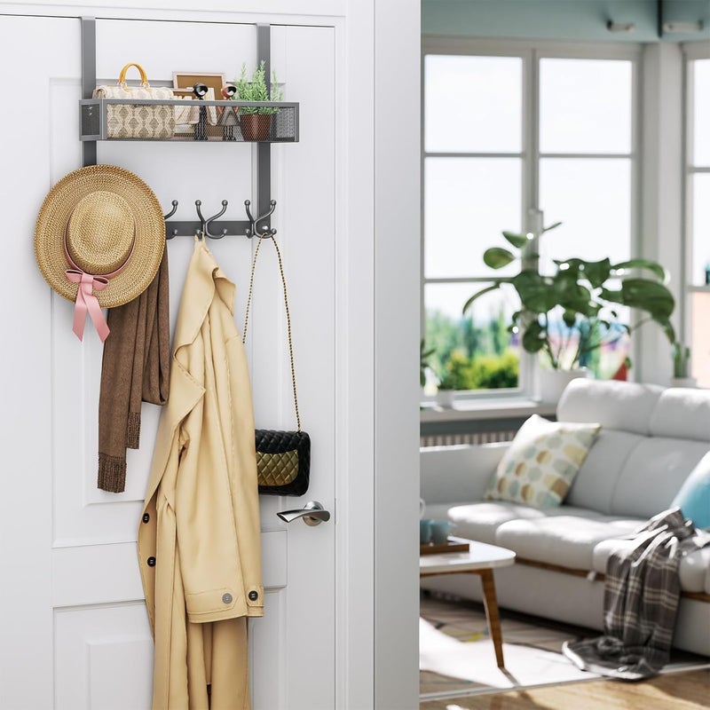 Consumest Over The Door Hooks Organizer - Over Door Hanger with 16 Hooks & 2 Baskets for Hanging Coat, Clothing, Towel, Hanging Organizer for Bathroom, Closet, College Dorm, Grey - Image 2